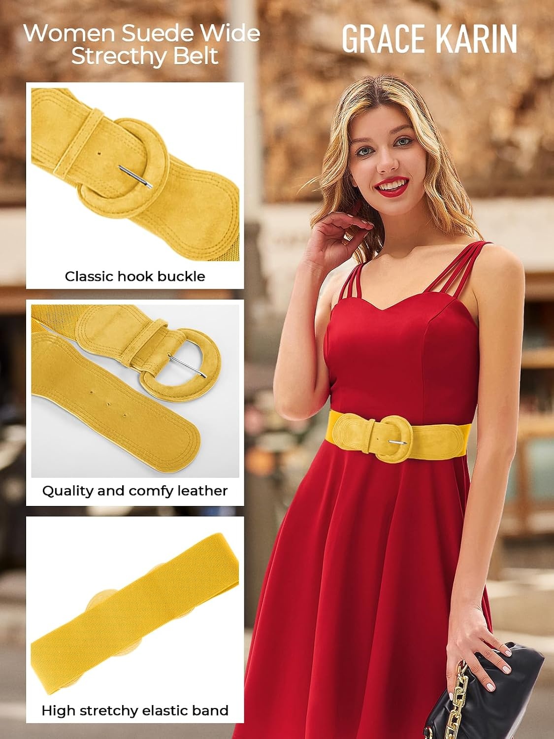 image:imageGRACE KARIN Wide Belt for Women Suede Elastic Chunky Belts with BuckleSuedeyellow