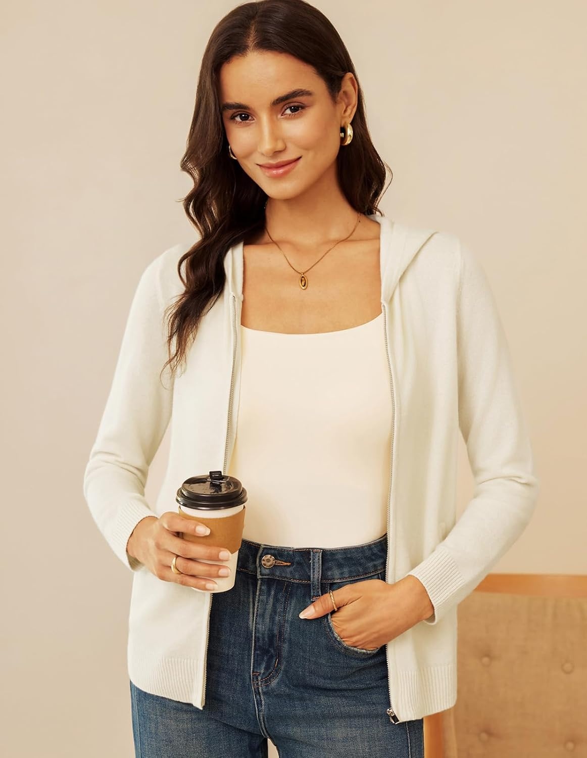image:imageGRACE KARIN Women 100 Merino Wool Cardigan Sweater Zip Up Hoodie SweaterApricot White