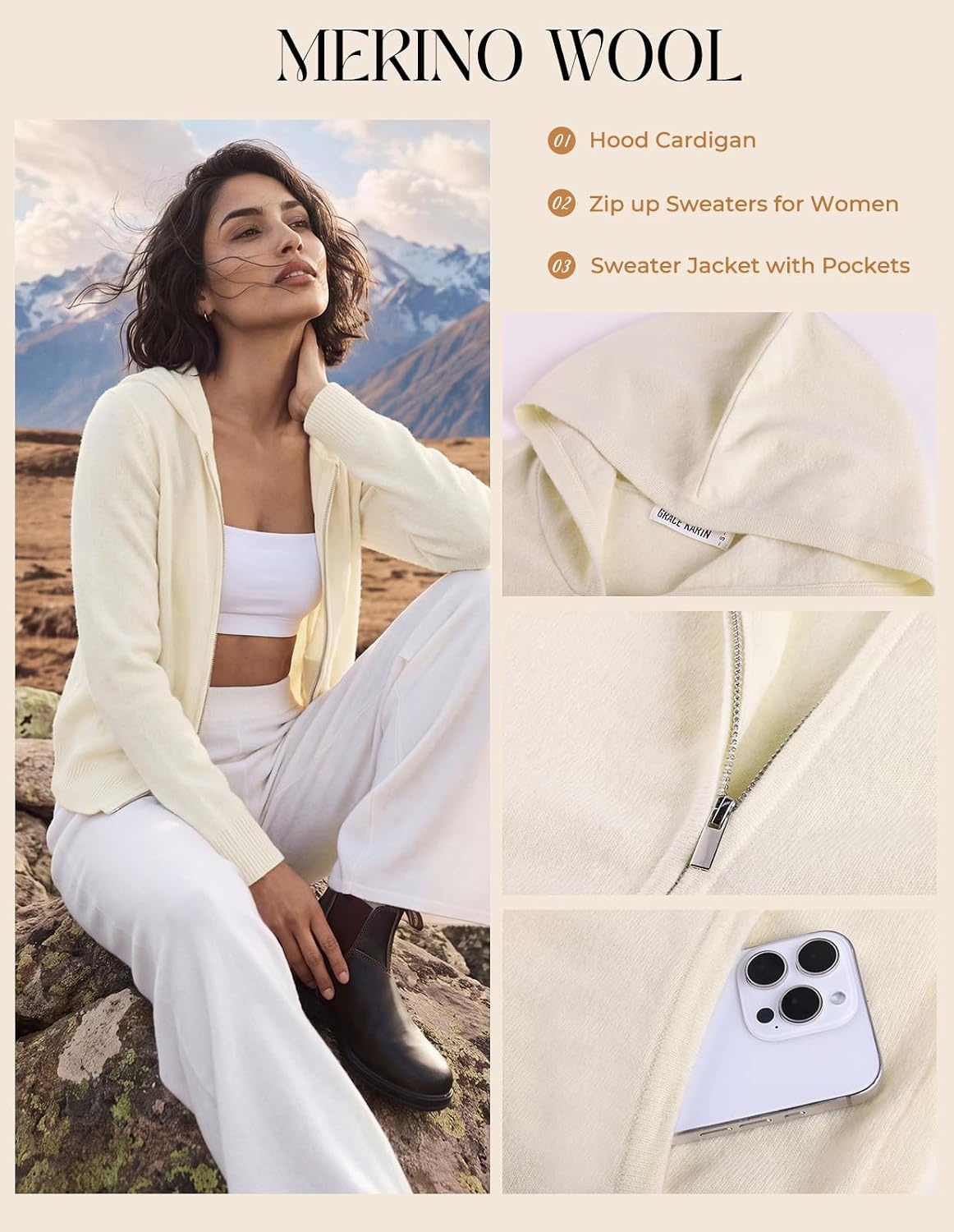 image:imageGRACE KARIN Women 100 Merino Wool Cardigan Sweater Zip Up Hoodie SweaterApricot White