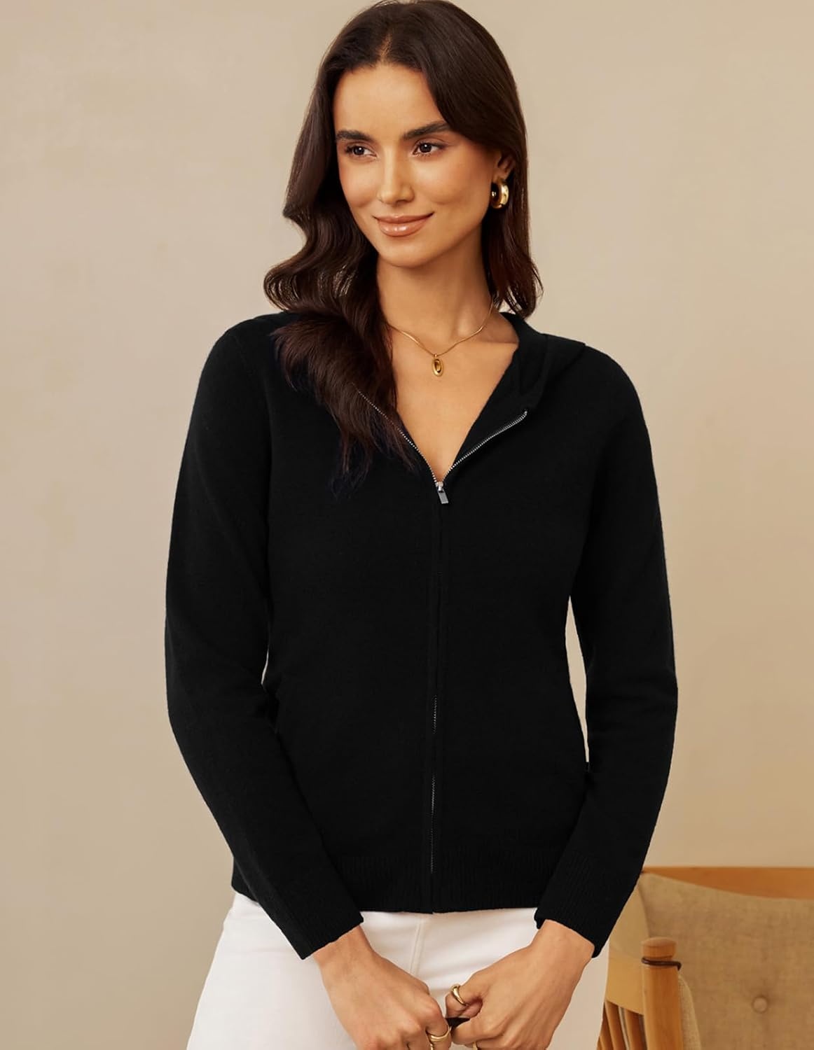 image:imageGRACE KARIN Women 100 Merino Wool Cardigan Sweater Zip Up Hoodie SweaterBlack