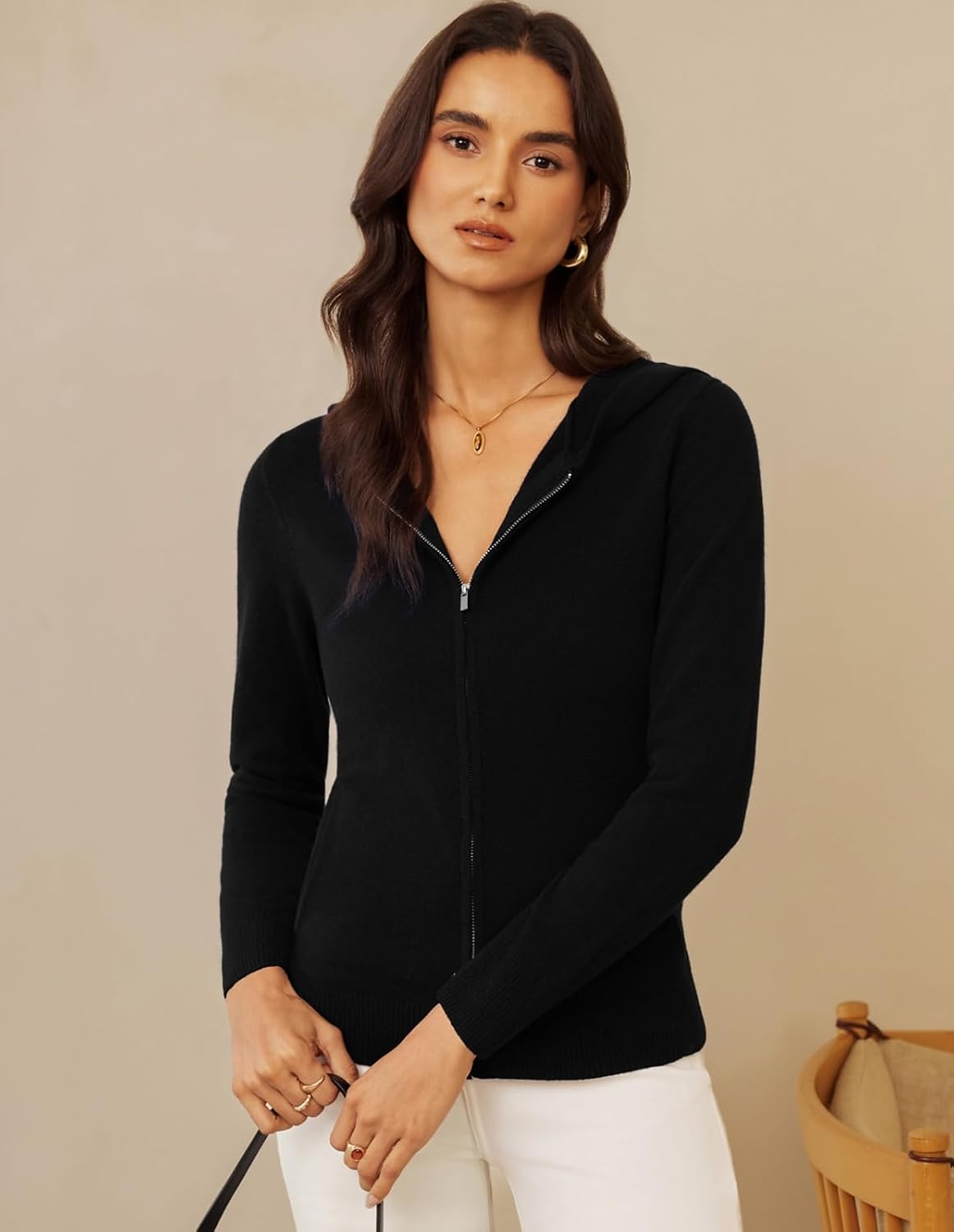 image:imageGRACE KARIN Women 100 Merino Wool Cardigan Sweater Zip Up Hoodie SweaterBlack