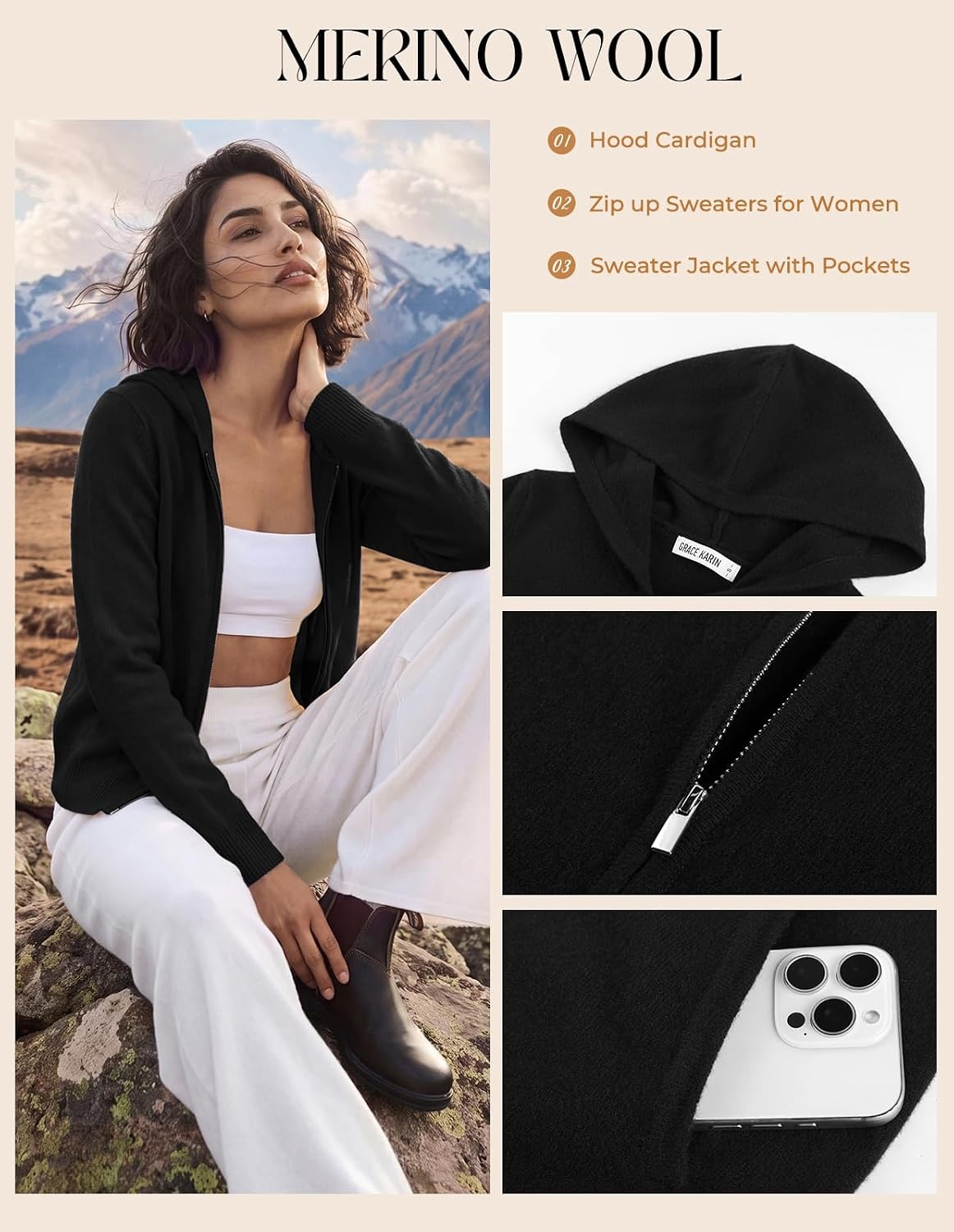image:imageGRACE KARIN Women 100 Merino Wool Cardigan Sweater Zip Up Hoodie SweaterBlack