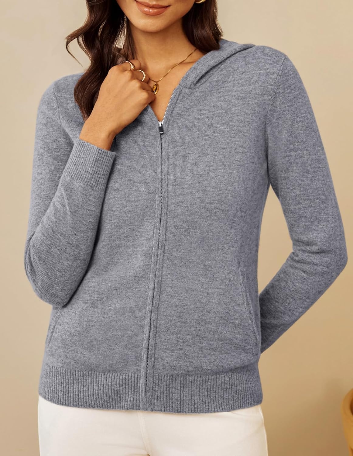 image:imageGRACE KARIN Women 100 Merino Wool Cardigan Sweater Zip Up Hoodie SweaterGray