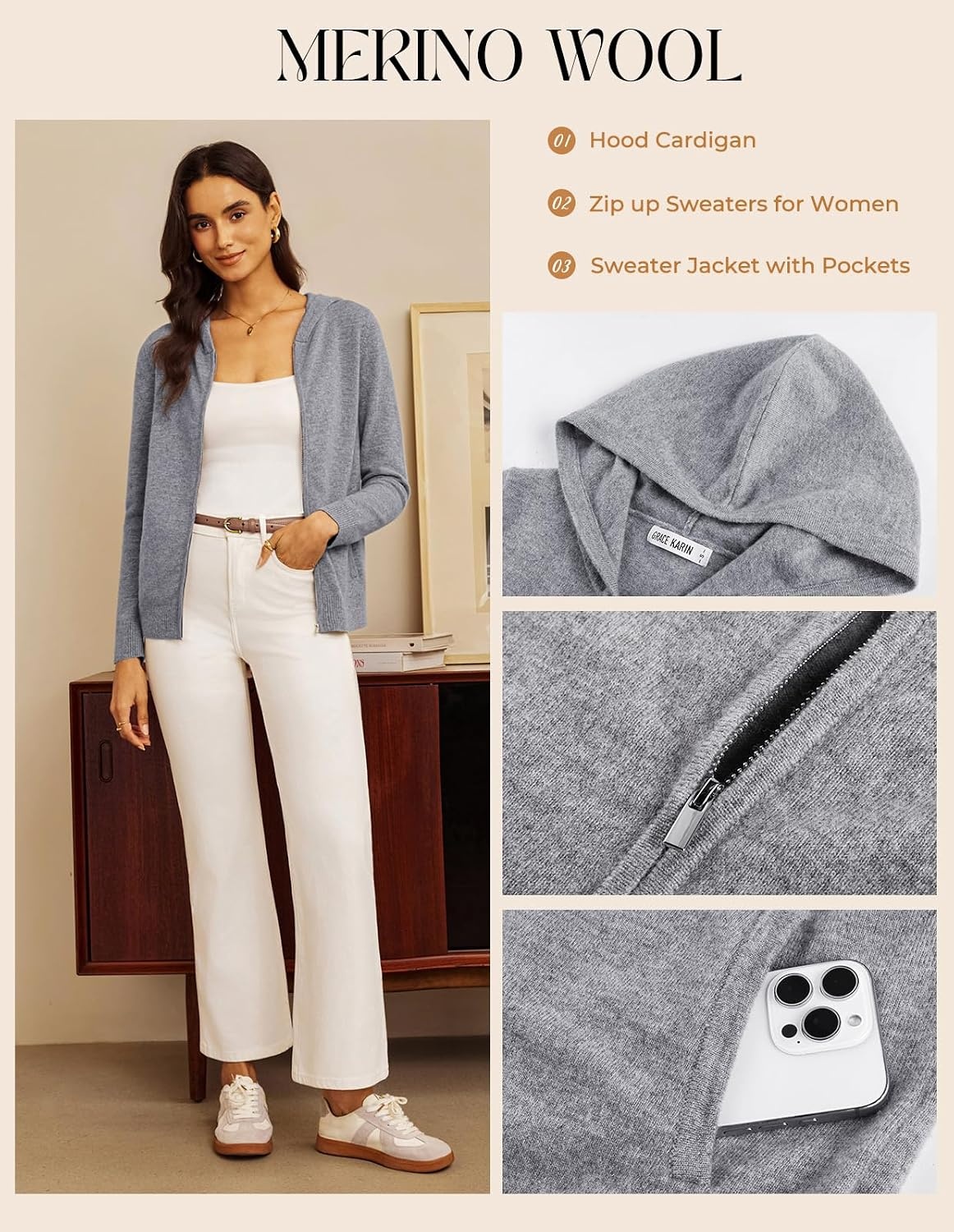 image:imageGRACE KARIN Women 100 Merino Wool Cardigan Sweater Zip Up Hoodie SweaterGray