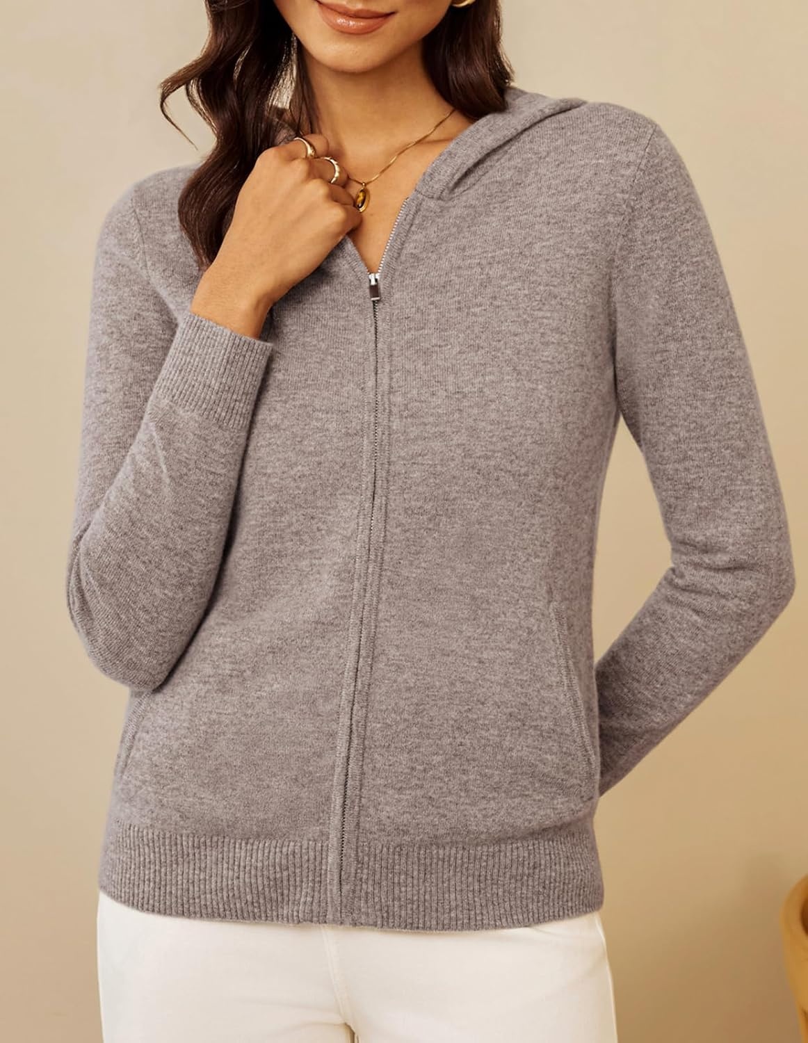 image:imageGRACE KARIN Women 100 Merino Wool Cardigan Sweater Zip Up Hoodie SweaterKhaki