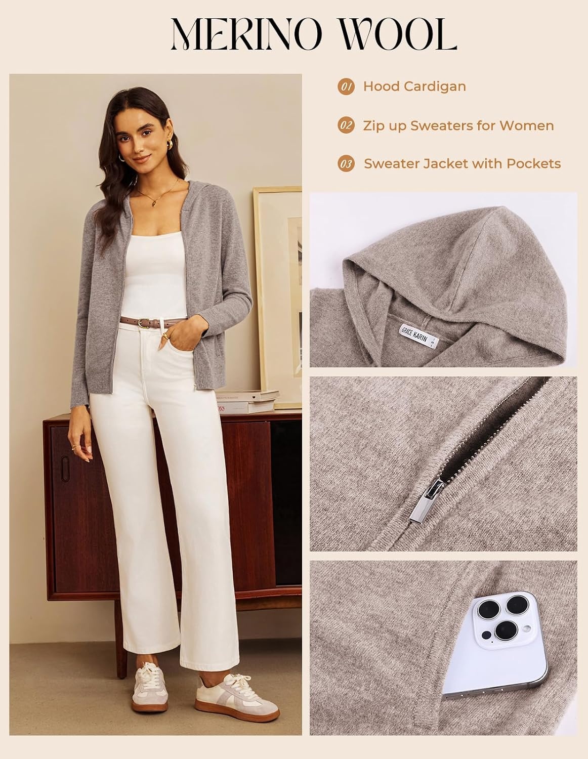 image:imageGRACE KARIN Women 100 Merino Wool Cardigan Sweater Zip Up Hoodie SweaterKhaki