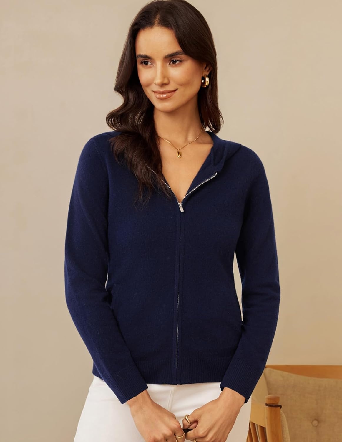 image:imageGRACE KARIN Women 100 Merino Wool Cardigan Sweater Zip Up Hoodie SweaterNavy Blue