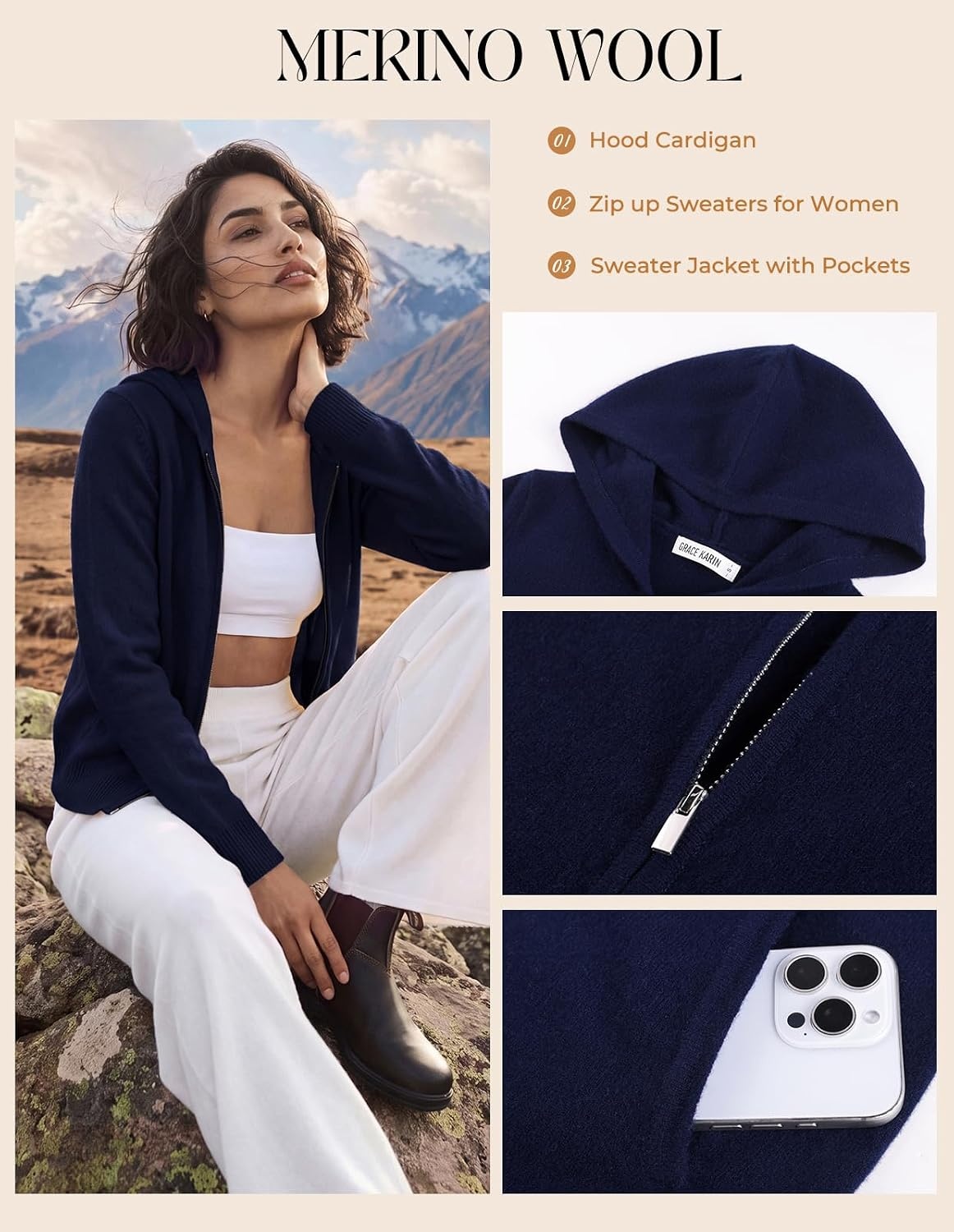 image:imageGRACE KARIN Women 100 Merino Wool Cardigan Sweater Zip Up Hoodie SweaterNavy Blue