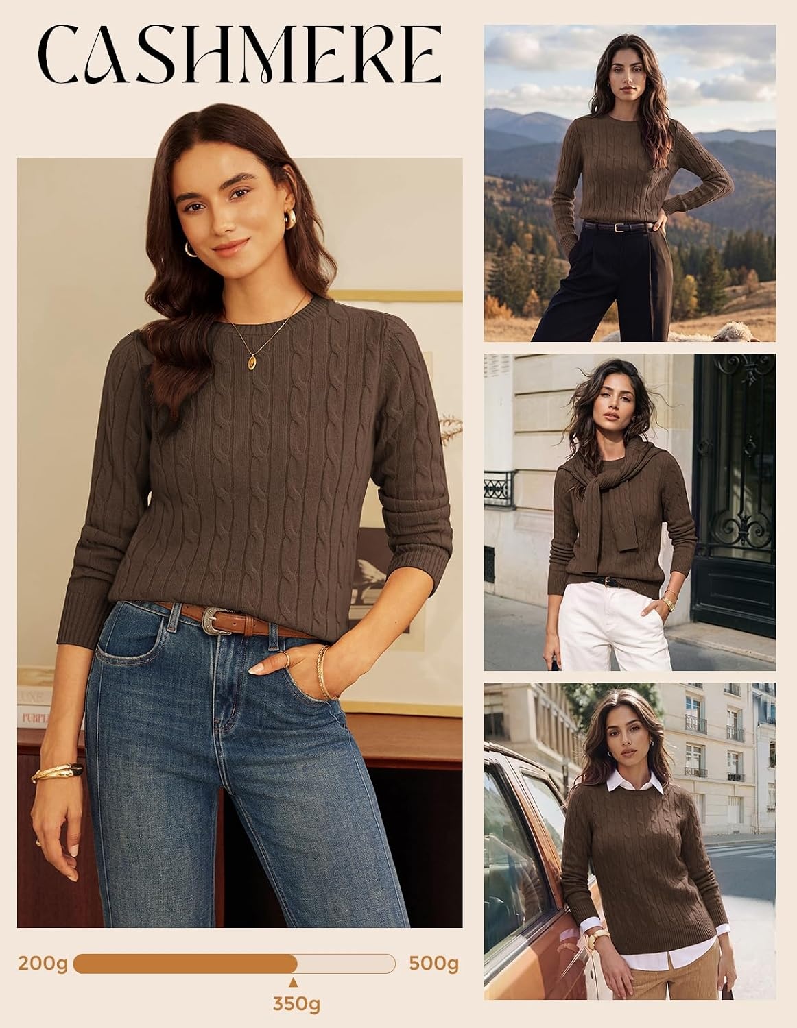 image:imageGRACE KARIN Women 100 Merino Wool Sweater Cable Long Sleeve Sweaters Crew Neck Casual Fall Fashion Clothes OutfitsCoffee