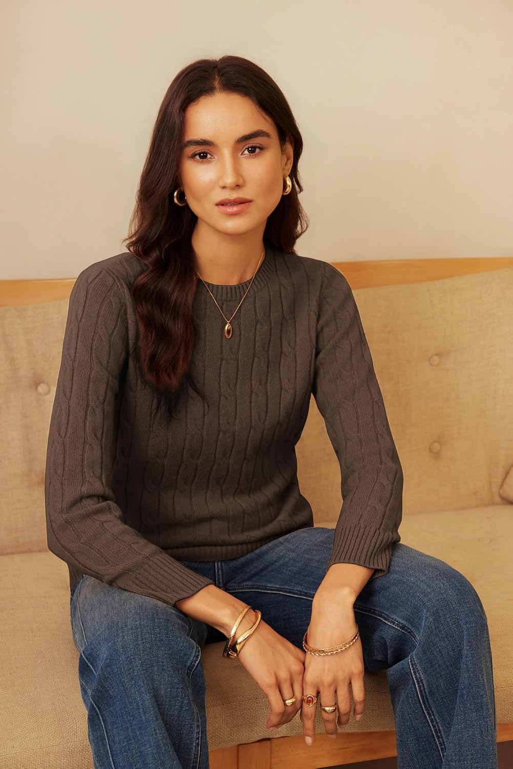 image:imageGRACE KARIN Women 100 Merino Wool Sweater Cable Long Sleeve Sweaters Crew Neck Casual Fall Fashion Clothes OutfitsCoffee