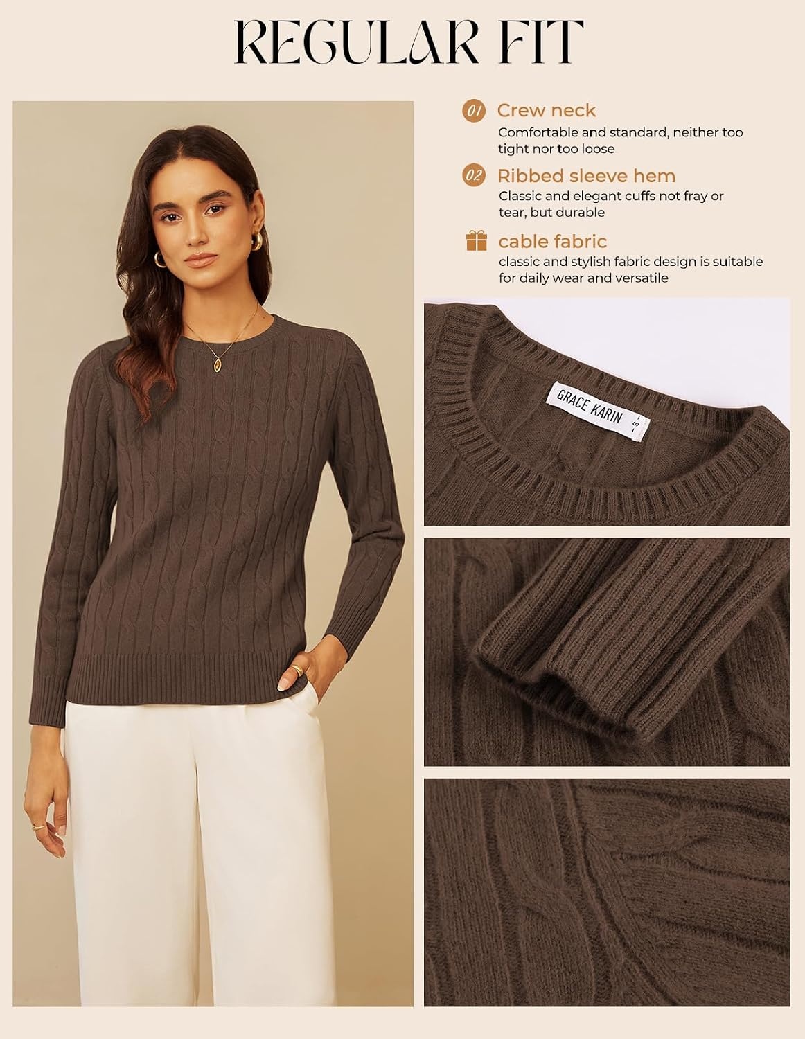 image:imageGRACE KARIN Women 100 Merino Wool Sweater Cable Long Sleeve Sweaters Crew Neck Casual Fall Fashion Clothes OutfitsCoffee