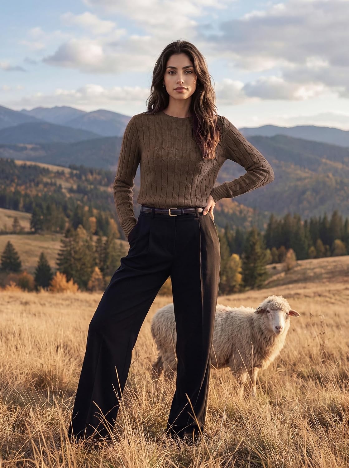 image:imageGRACE KARIN Women 100 Merino Wool Sweater Cable Long Sleeve Sweaters Crew Neck Casual Fall Fashion Clothes OutfitsCoffee