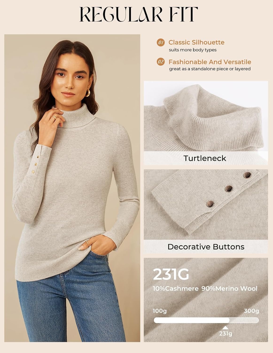 image:imageGRACE KARIN Women Cashmere Sweaters Turtleneck Merino Wool Dressy PulloverBeige