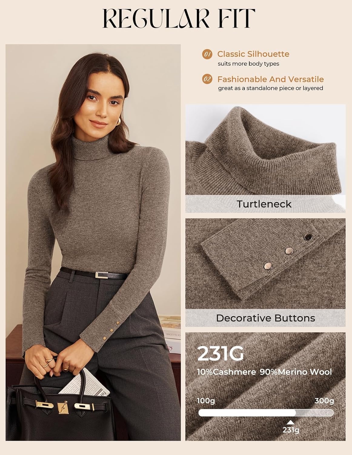 image:imageGRACE KARIN Women Cashmere Sweaters Turtleneck Merino Wool Dressy PulloverDark Chocolate