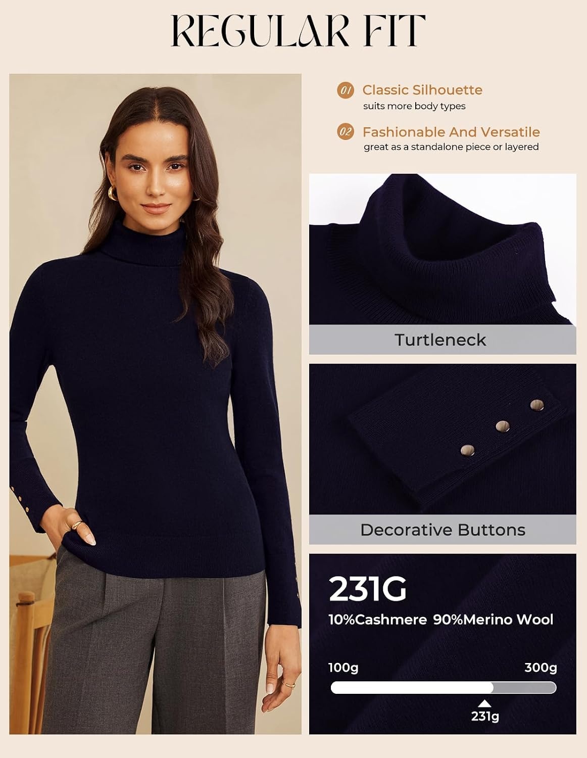image:imageGRACE KARIN Women Cashmere Sweaters Turtleneck Merino Wool Dressy PulloverNavy Blue