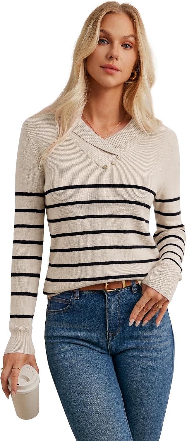 image:imageGRACE KARIN Women Fall Long Sleeve V Neck Collar Knit Pullover SweatersBeige Black Striped