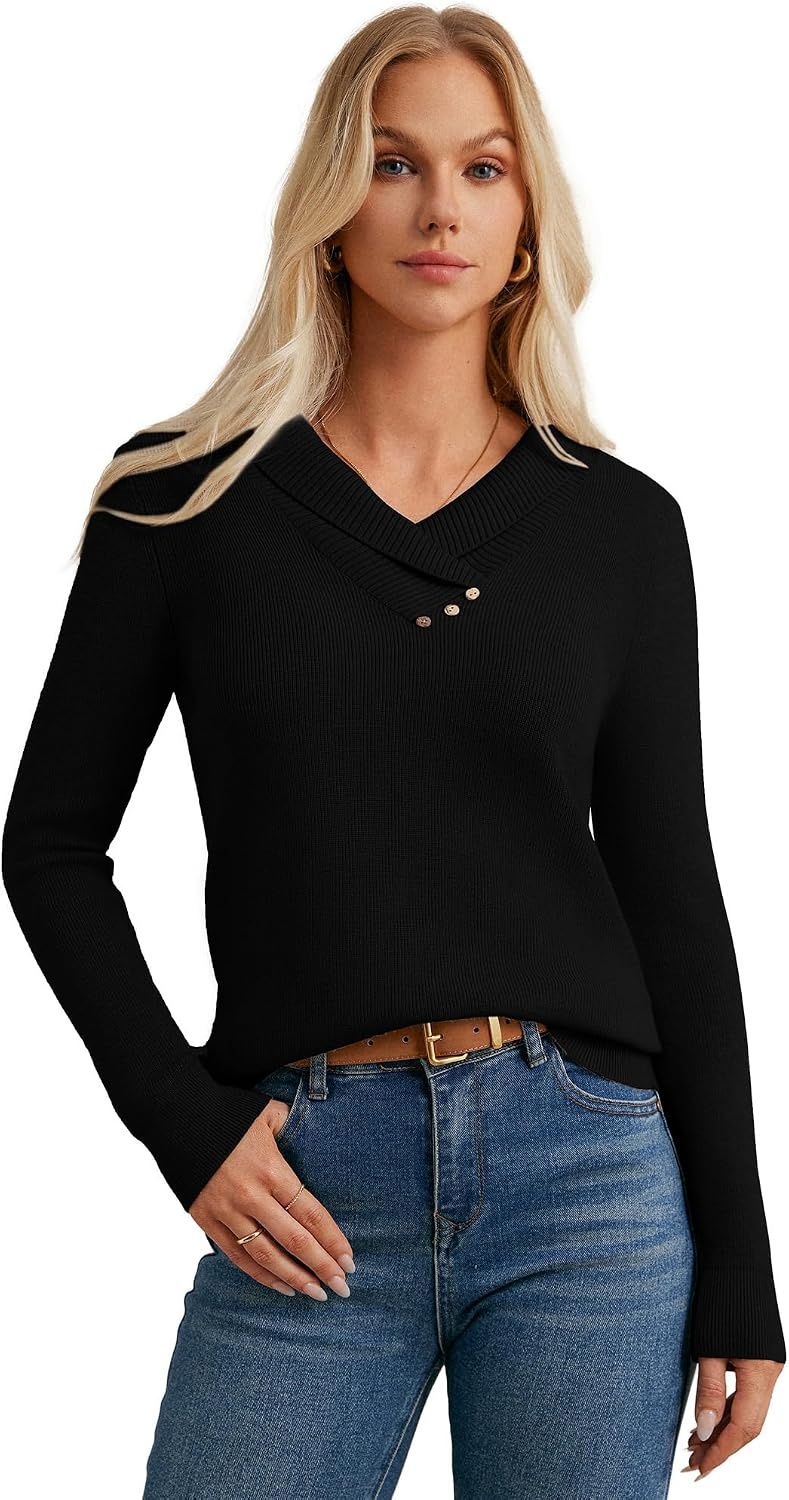 image:imageGRACE KARIN Women Fall Long Sleeve V Neck Collar Knit Pullover SweatersBlack