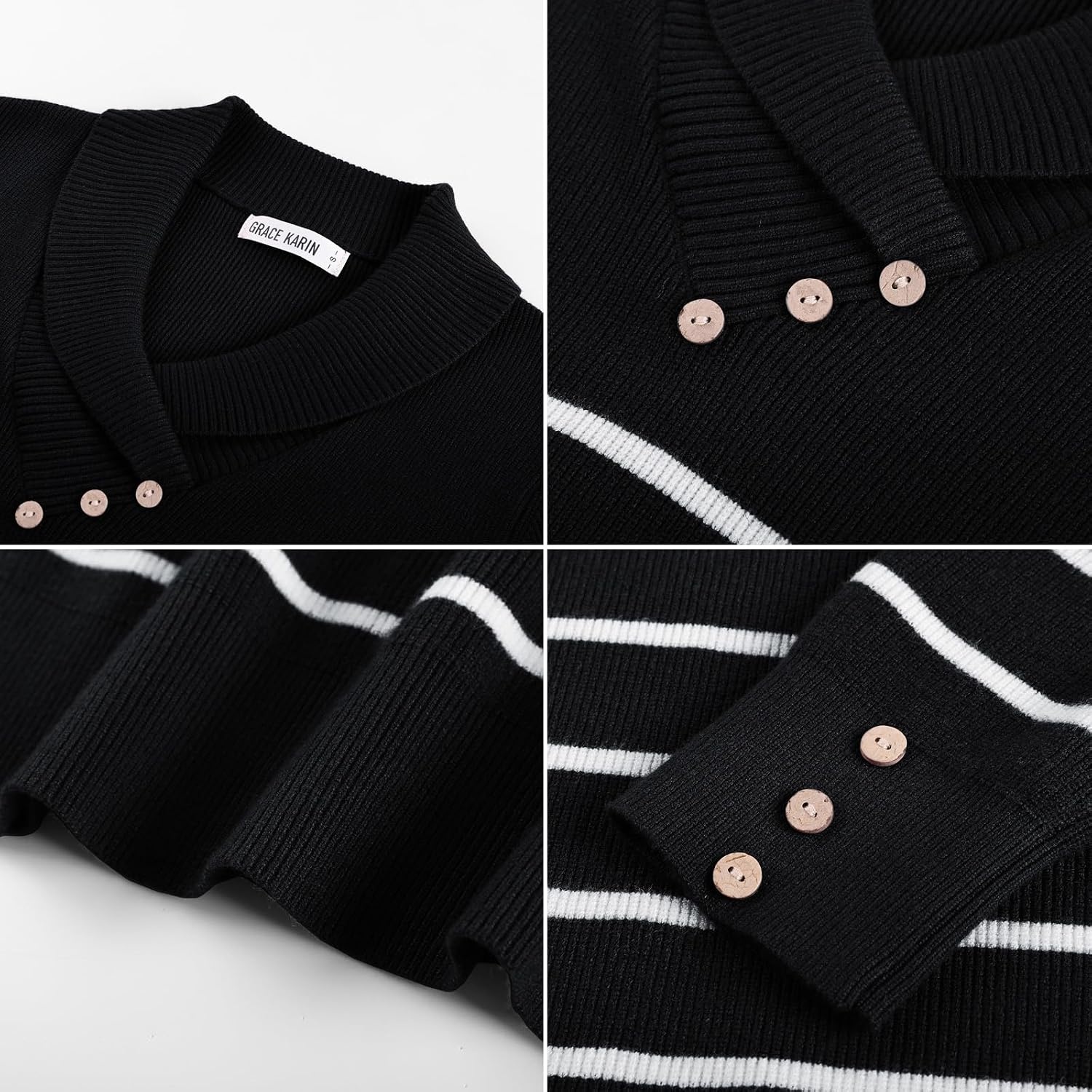image:imageGRACE KARIN Women Fall Long Sleeve V Neck Collar Knit Pullover SweatersBlack White Striped