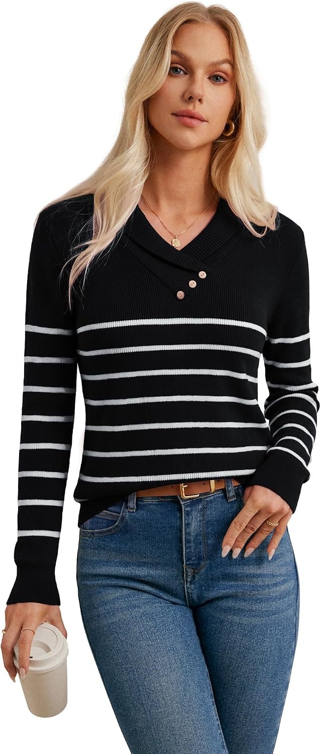 image:imageGRACE KARIN Women Fall Long Sleeve V Neck Collar Knit Pullover SweatersBlack White Striped