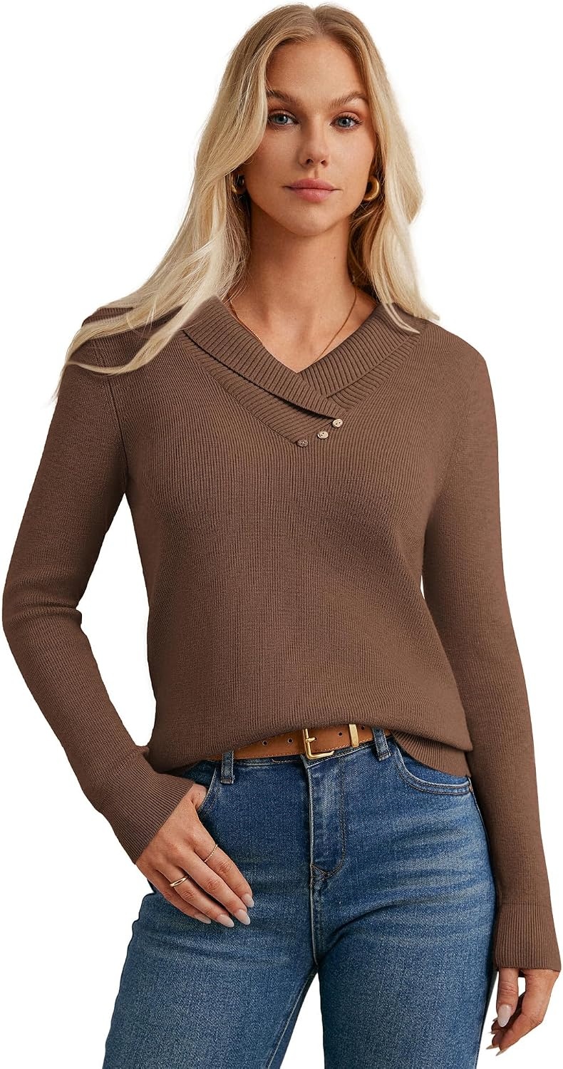 image:imageGRACE KARIN Women Fall Long Sleeve V Neck Collar Knit Pullover SweatersBrown