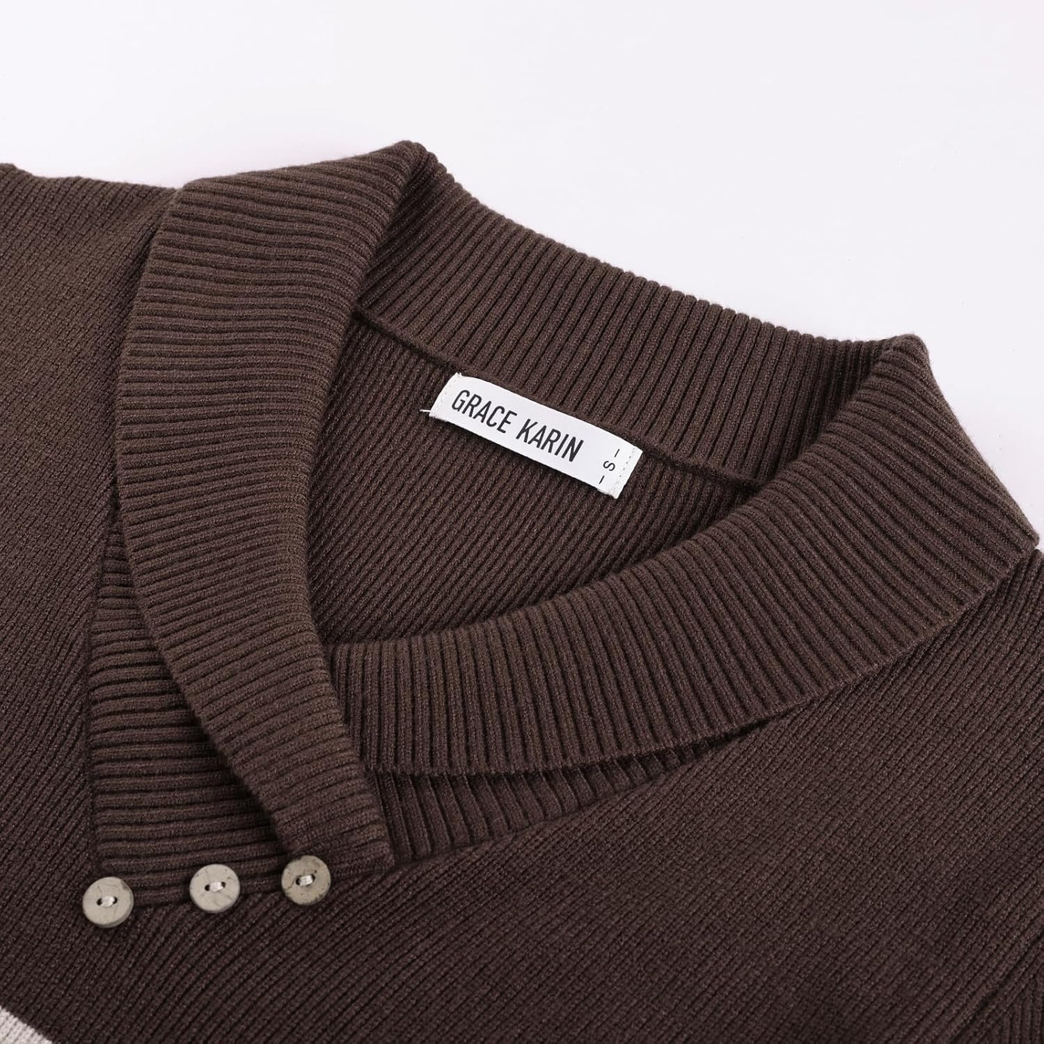 image:imageGRACE KARIN Women Fall Long Sleeve V Neck Collar Knit Pullover SweatersBrown Beige Striped