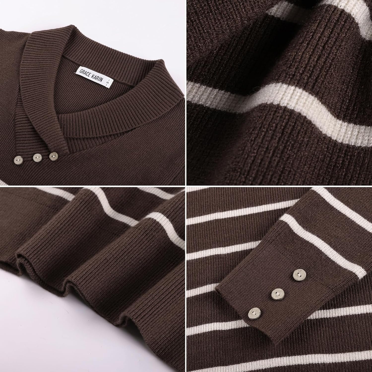 image:imageGRACE KARIN Women Fall Long Sleeve V Neck Collar Knit Pullover SweatersBrown Beige Striped