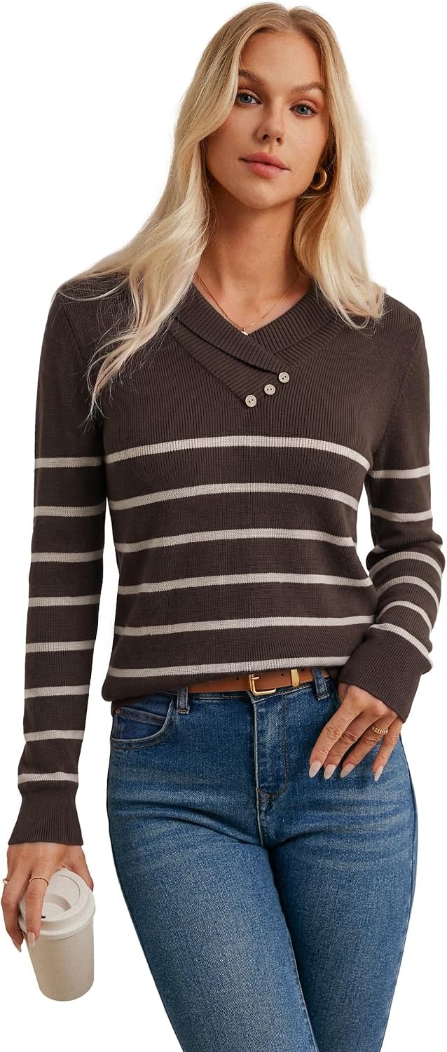 image:imageGRACE KARIN Women Fall Long Sleeve V Neck Collar Knit Pullover SweatersBrown Beige Striped