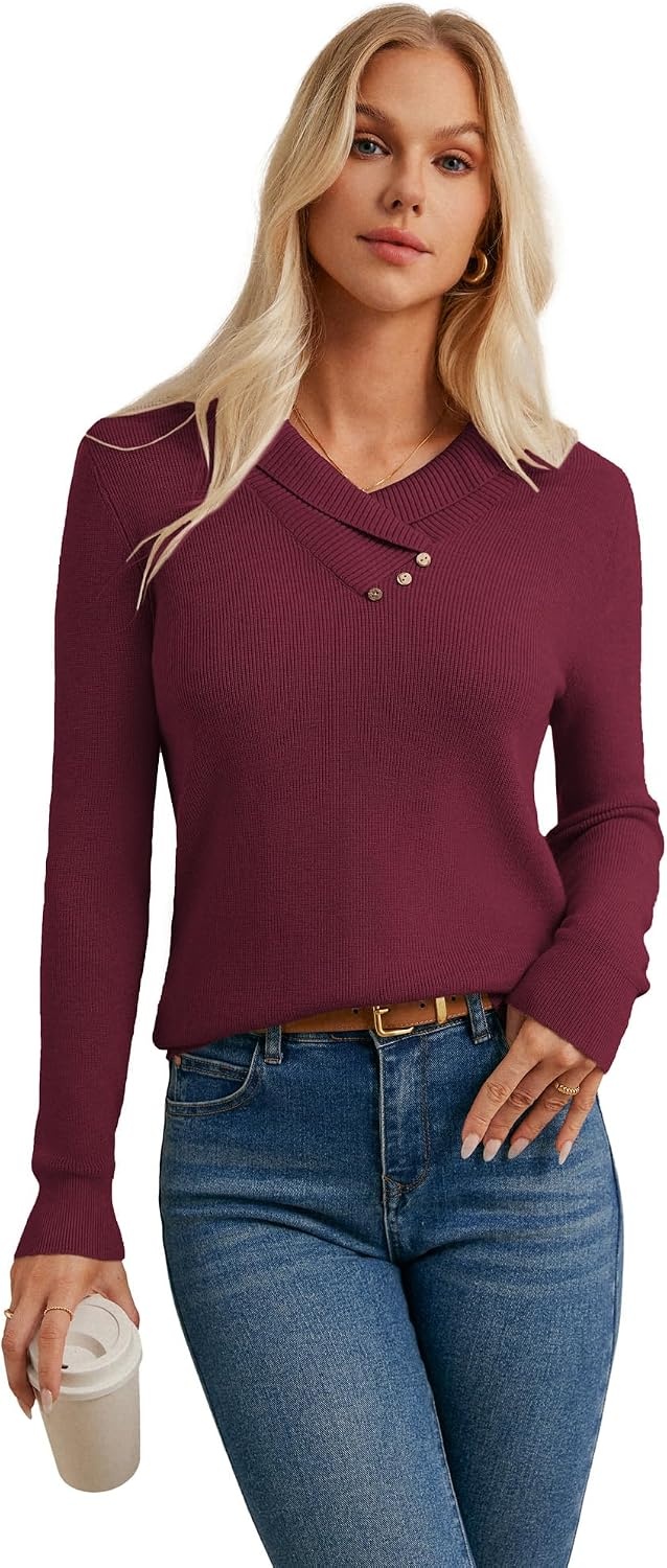 image:imageGRACE KARIN Women Fall Long Sleeve V Neck Collar Knit Pullover SweatersBrown Red