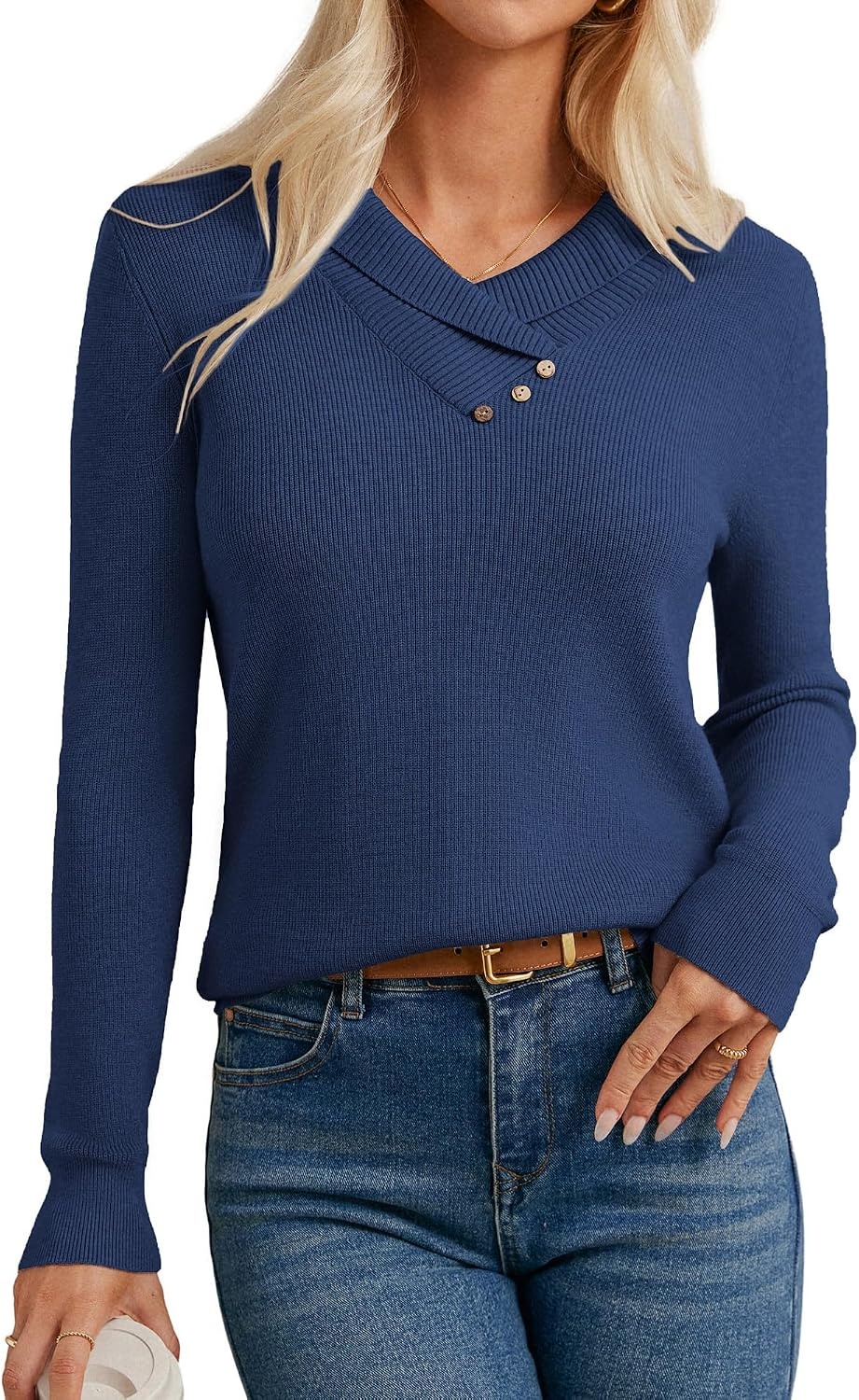 image:imageGRACE KARIN Women Fall Long Sleeve V Neck Collar Knit Pullover SweatersDeep Blue