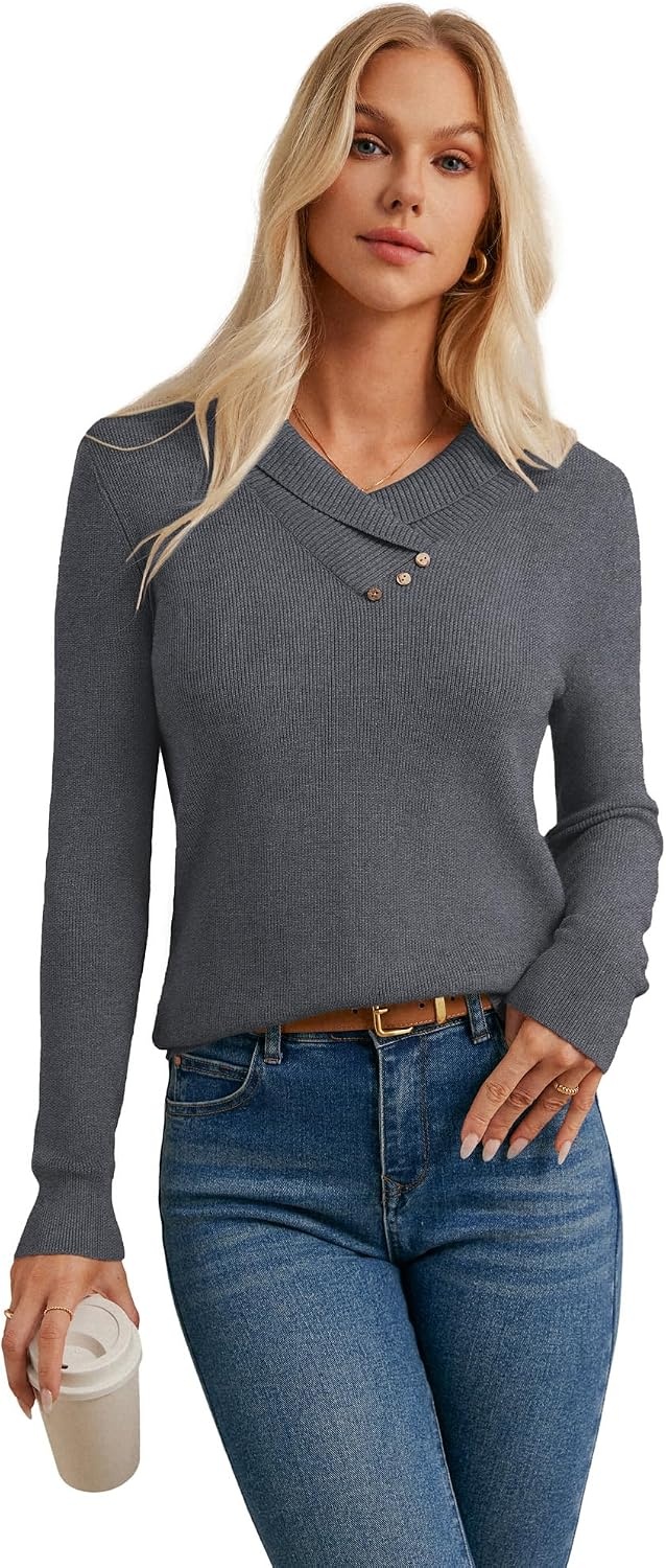 image:imageGRACE KARIN Women Fall Long Sleeve V Neck Collar Knit Pullover SweatersDeep Gray Not Brown