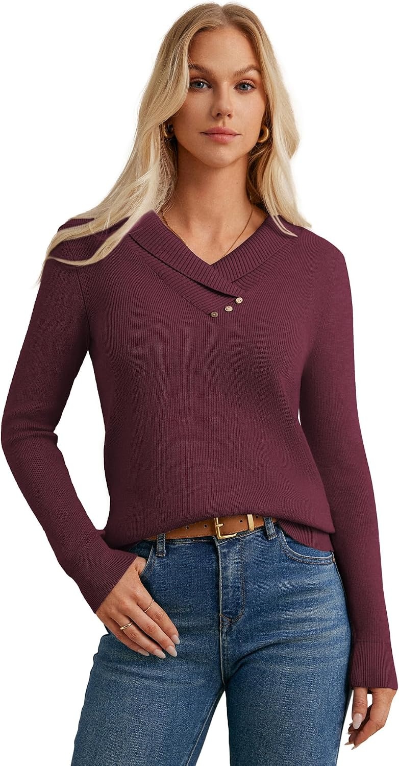 image:imageGRACE KARIN Women Fall Long Sleeve V Neck Collar Knit Pullover SweatersRed