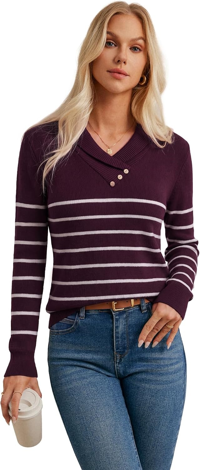 image:imageGRACE KARIN Women Fall Long Sleeve V Neck Collar Knit Pullover SweatersWine Red White Striped