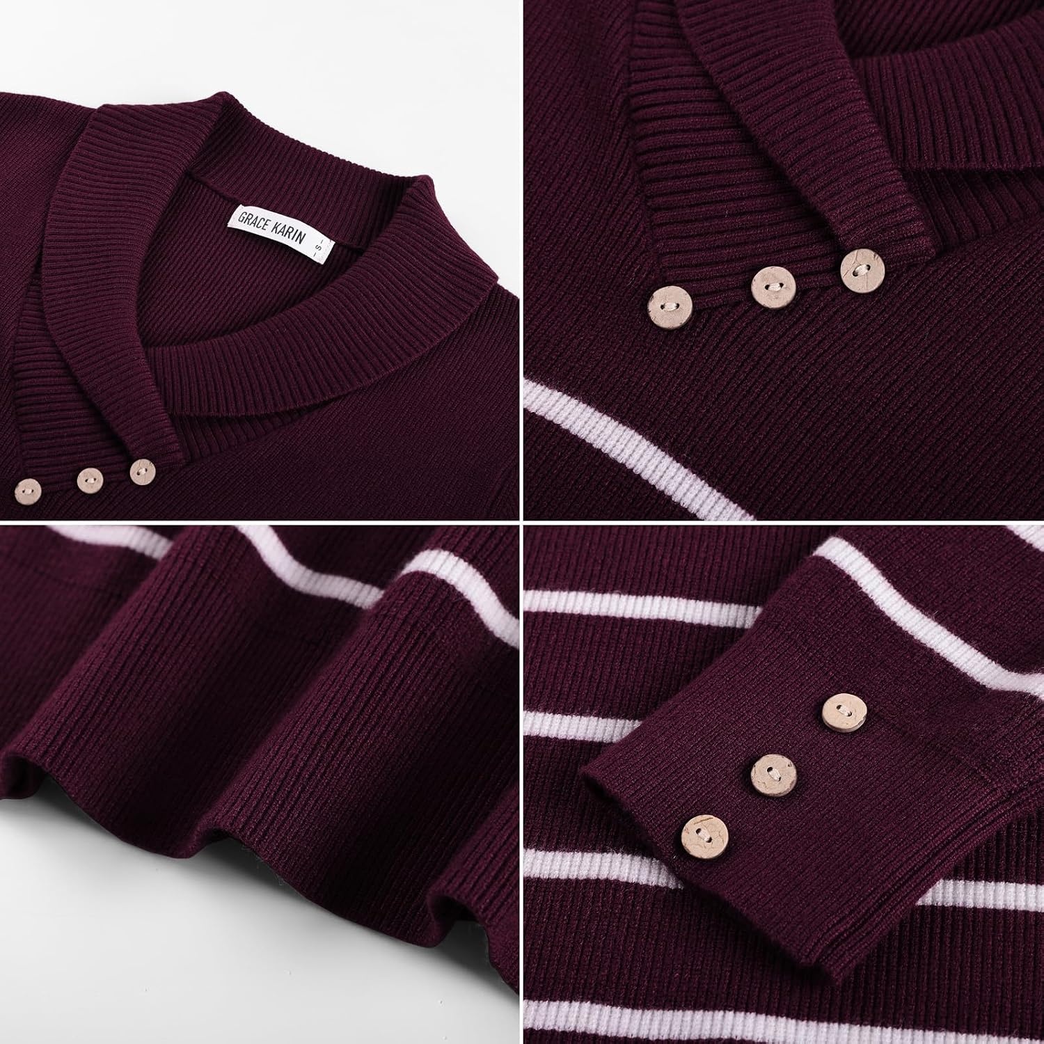 image:imageGRACE KARIN Women Fall Long Sleeve V Neck Collar Knit Pullover SweatersWine Red White Striped