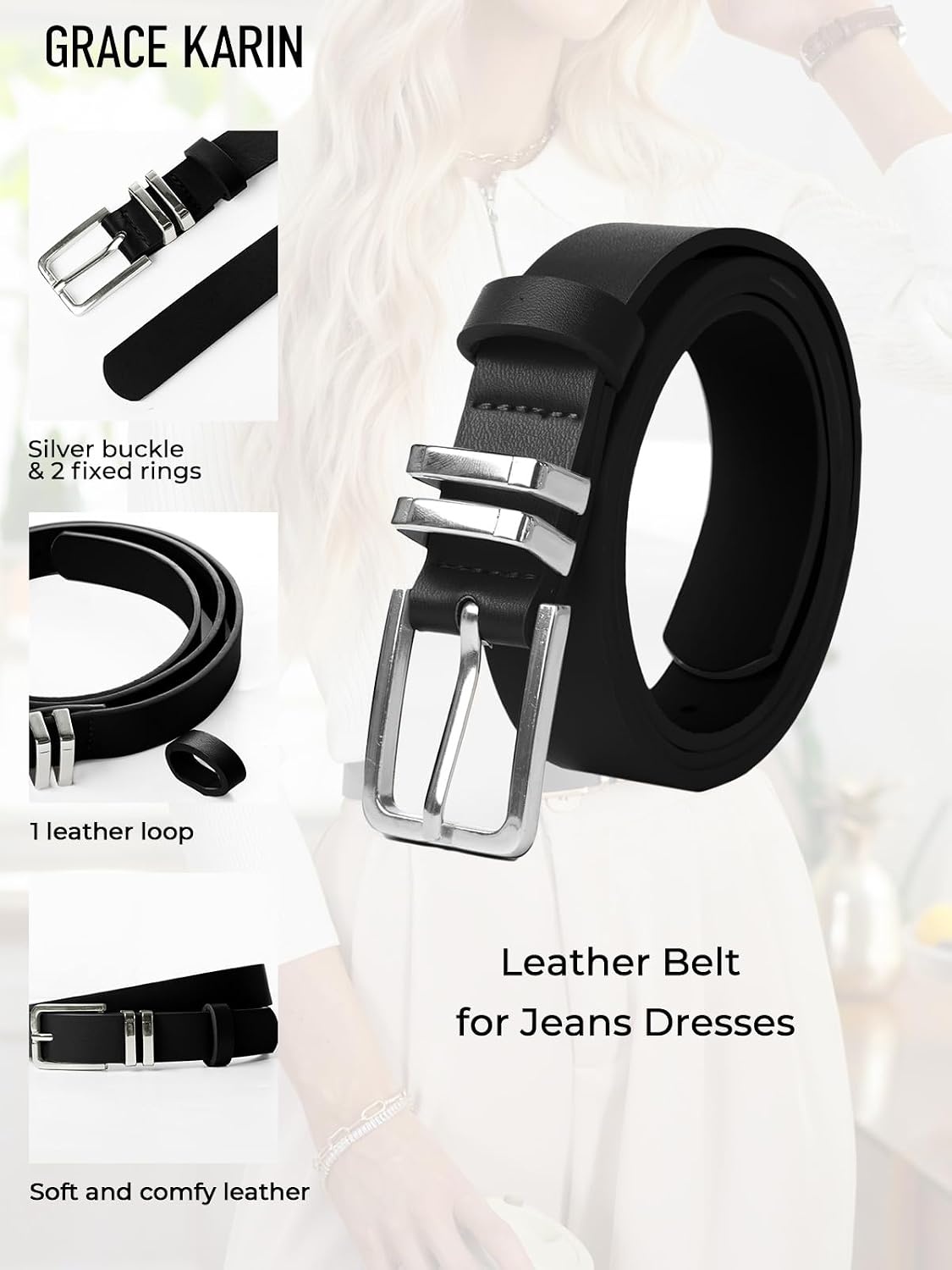 image:imageGRACE KARIN Womens Belts for Jeans Pants Leather Belt with Buckle02blacksilver