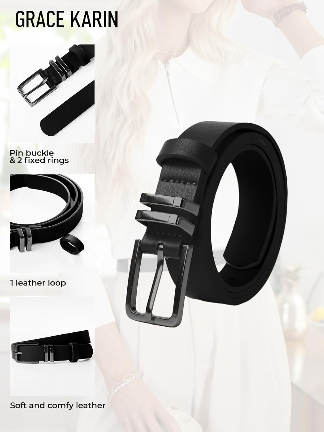 image:imageGRACE KARIN Womens Belts for Jeans Pants Leather Belt with Buckle03blackblack Buckle