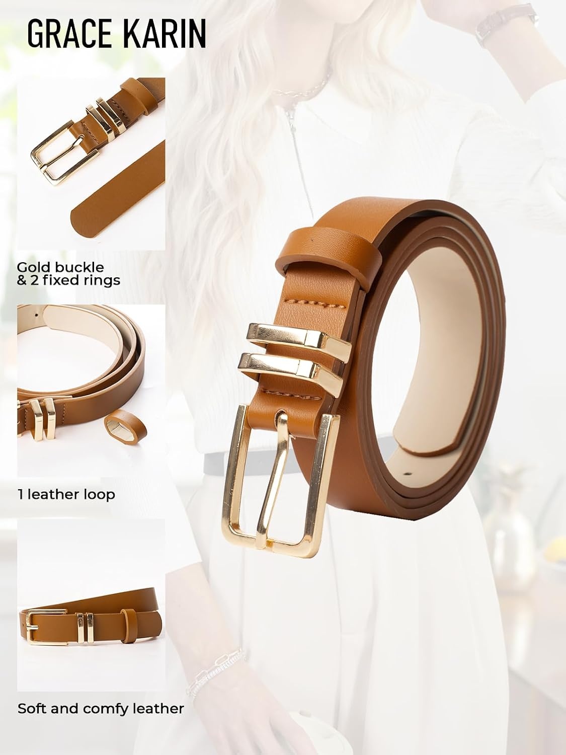 image:imageGRACE KARIN Womens Belts for Jeans Pants Leather Belt with BuckleBrowngold