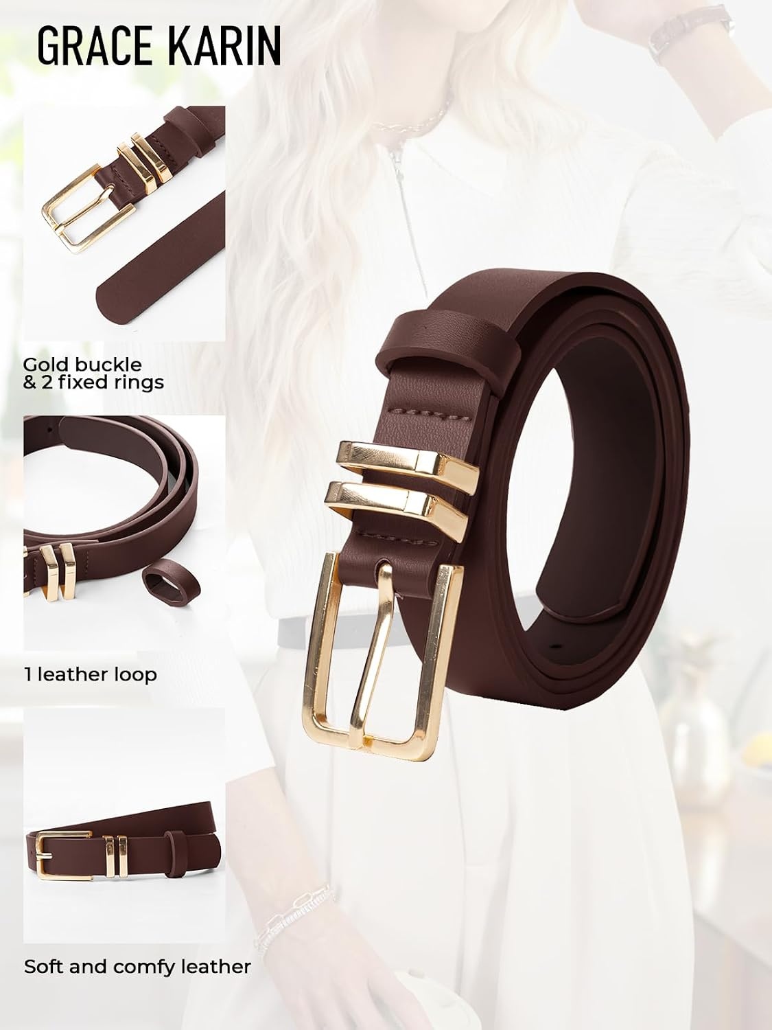 image:imageGRACE KARIN Womens Belts for Jeans Pants Leather Belt with BuckleCoffeegold