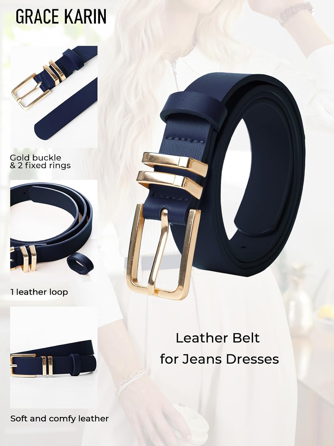 image:imageGRACE KARIN Womens Belts for Jeans Pants Leather Belt with BuckleNavy Bluegold
