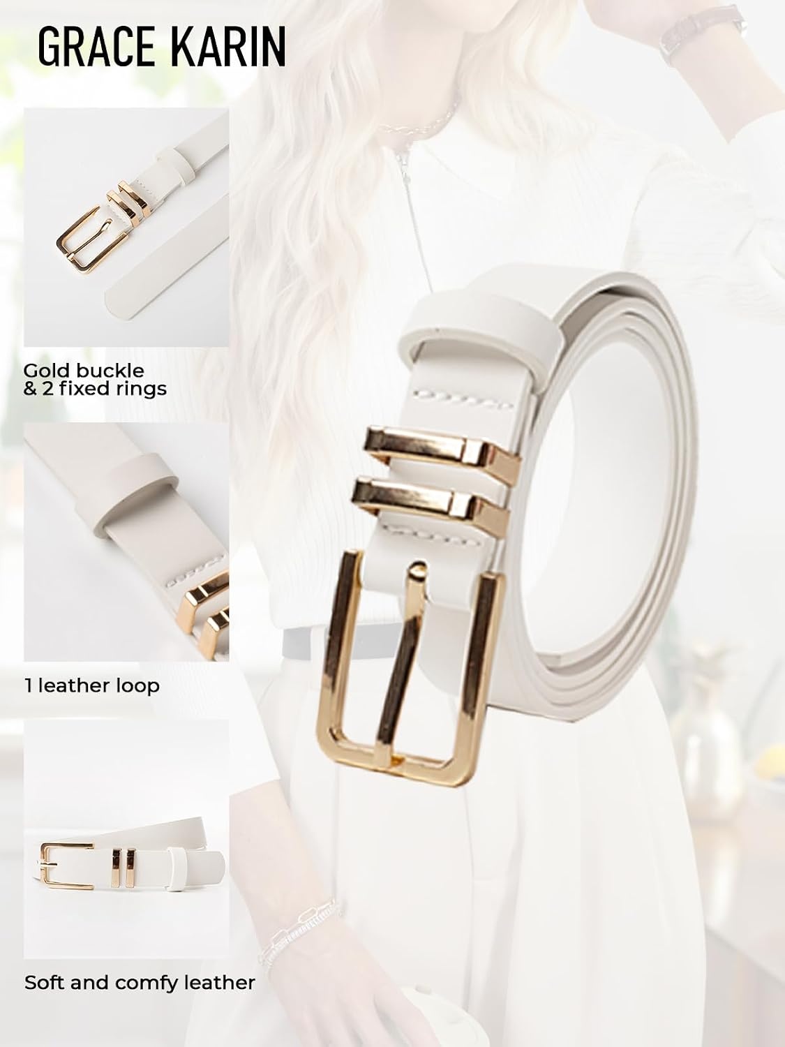 image:imageGRACE KARIN Womens Belts for Jeans Pants Leather Belt with BuckleWhitegold
