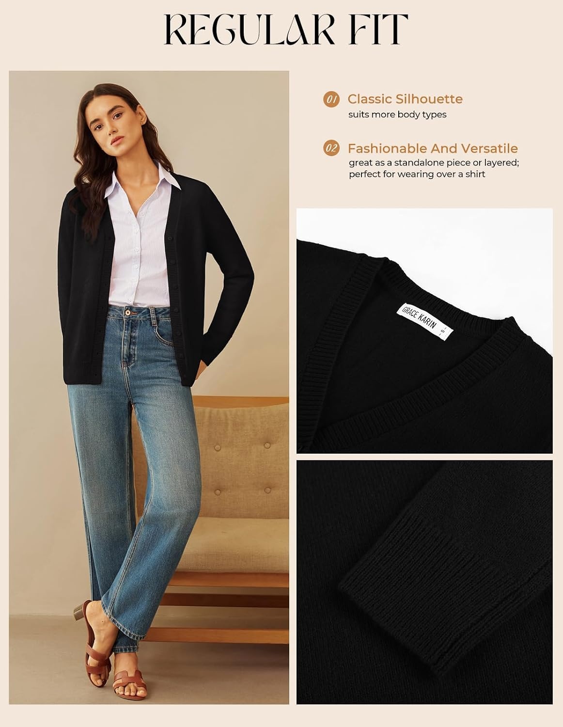image:imageGRACE KARIN Womens Cashmere Merino Wool Sweaters 2026 Fall Winter CardiganBlack
