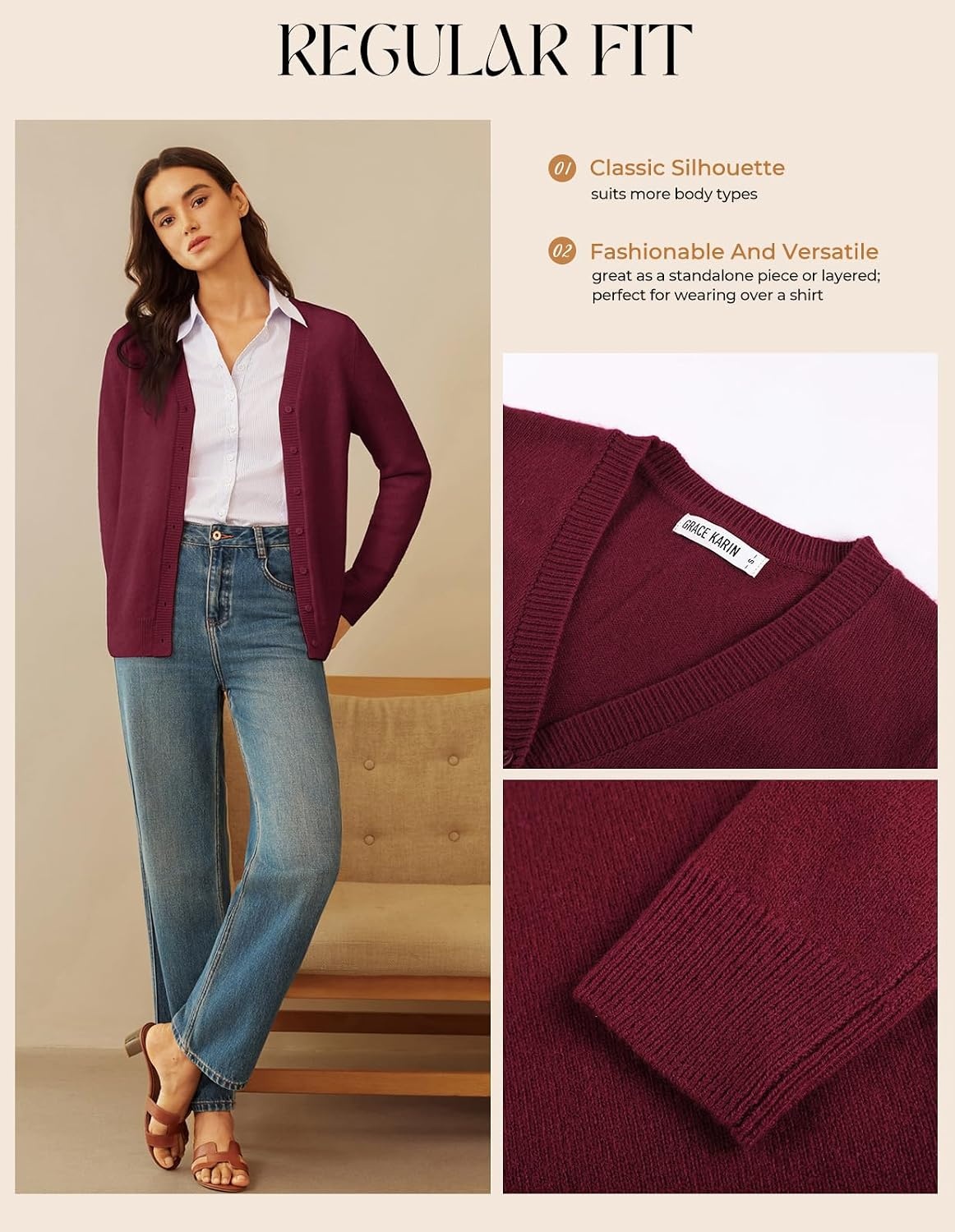 image:imageGRACE KARIN Womens Cashmere Merino Wool Sweaters 2026 Fall Winter CardiganDark Red