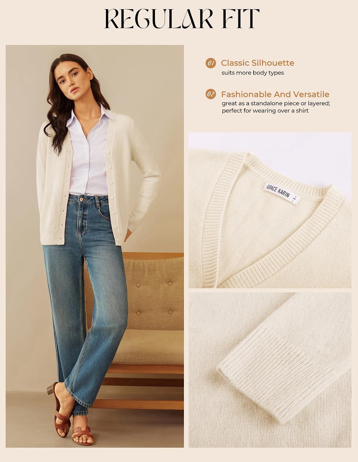 image:imageGRACE KARIN Womens Cashmere Merino Wool Sweaters 2026 Fall Winter CardiganIvory White