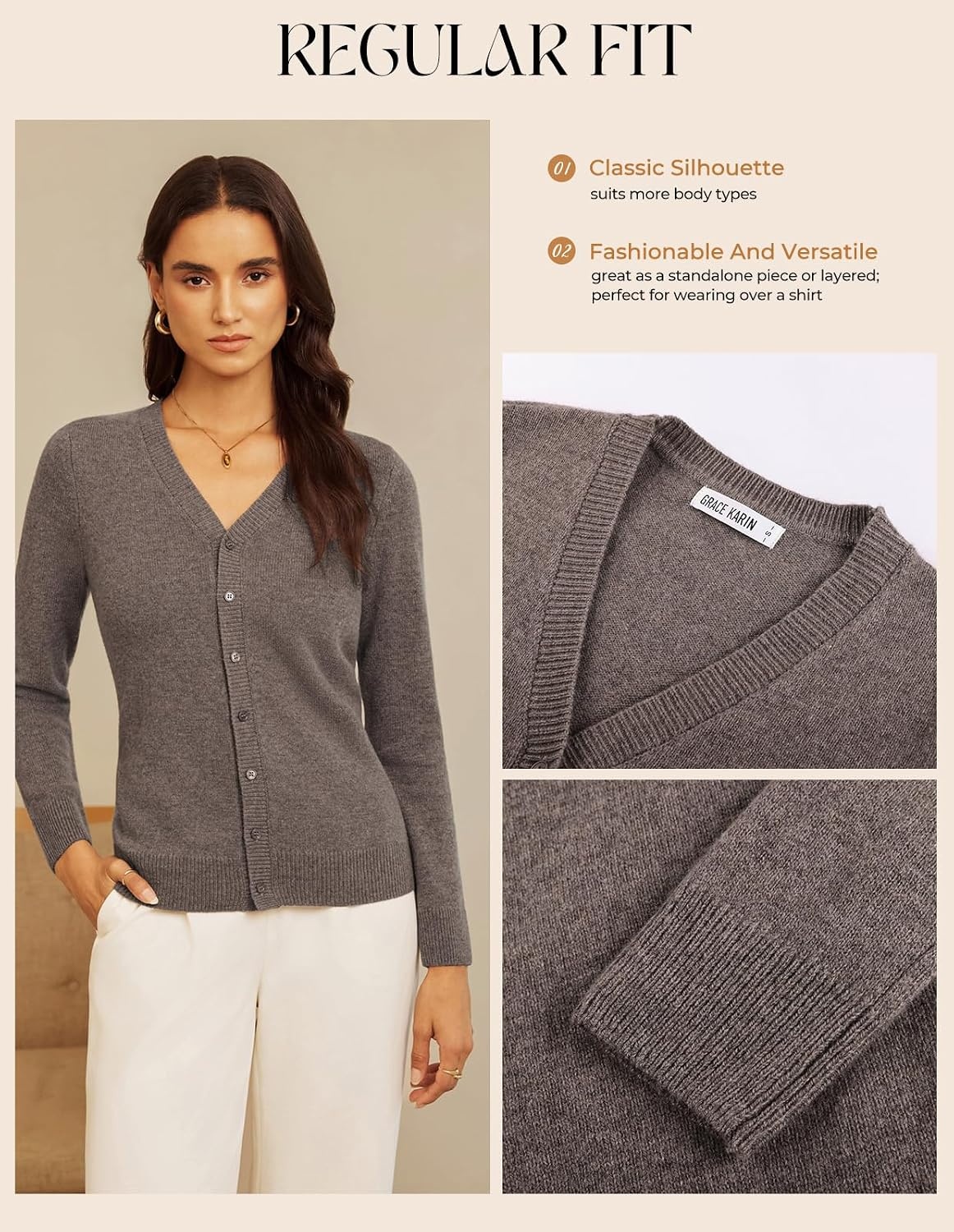 image:imageGRACE KARIN Womens Cashmere Merino Wool Sweaters 2026 Fall Winter CardiganLight Coffee