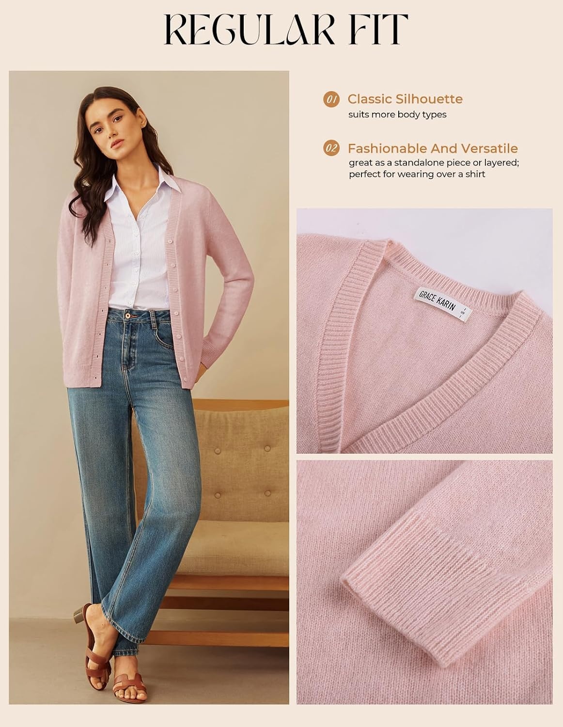 image:imageGRACE KARIN Womens Cashmere Merino Wool Sweaters 2026 Fall Winter CardiganLight Pink