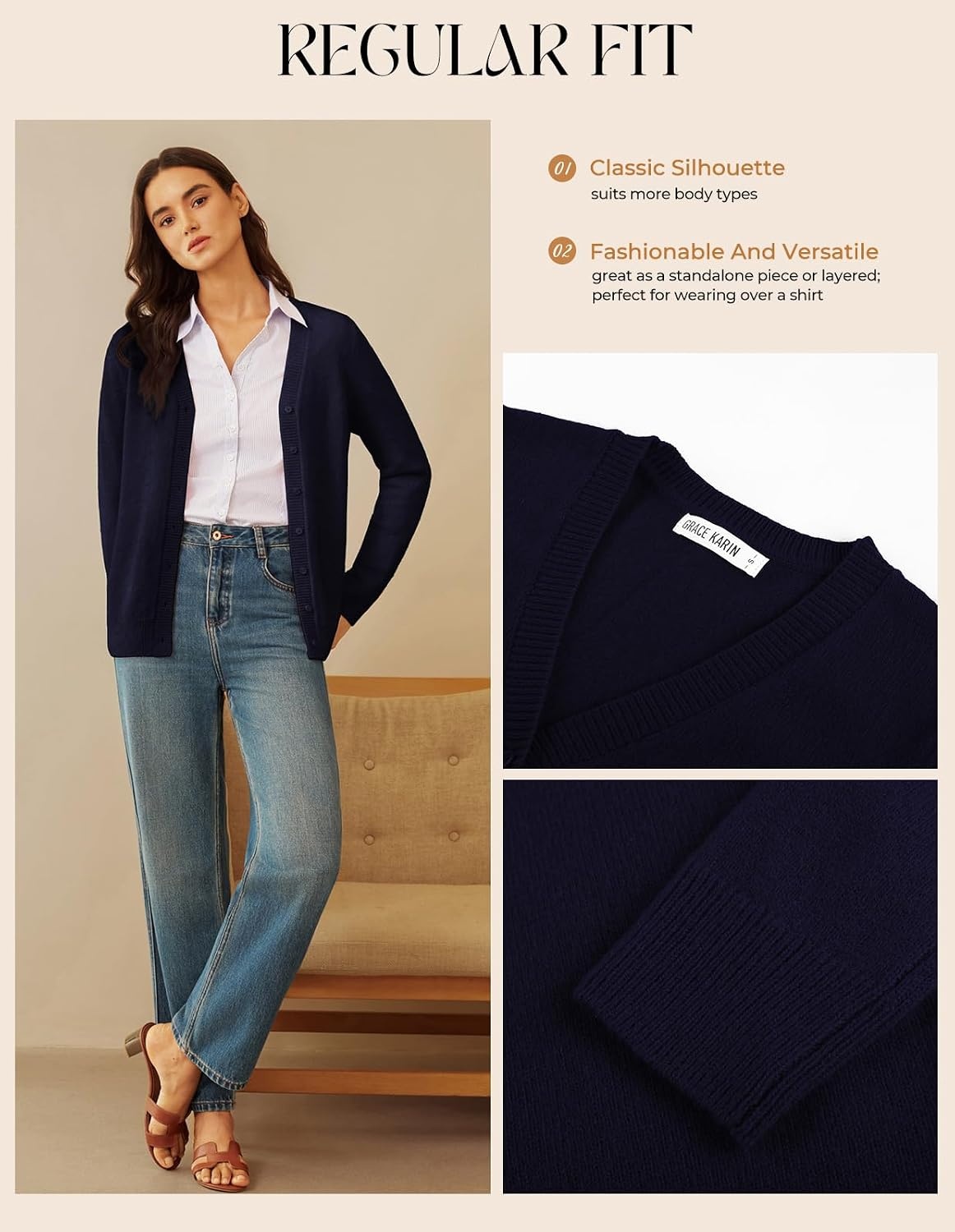 image:imageGRACE KARIN Womens Cashmere Merino Wool Sweaters 2026 Fall Winter CardiganNavy Blue