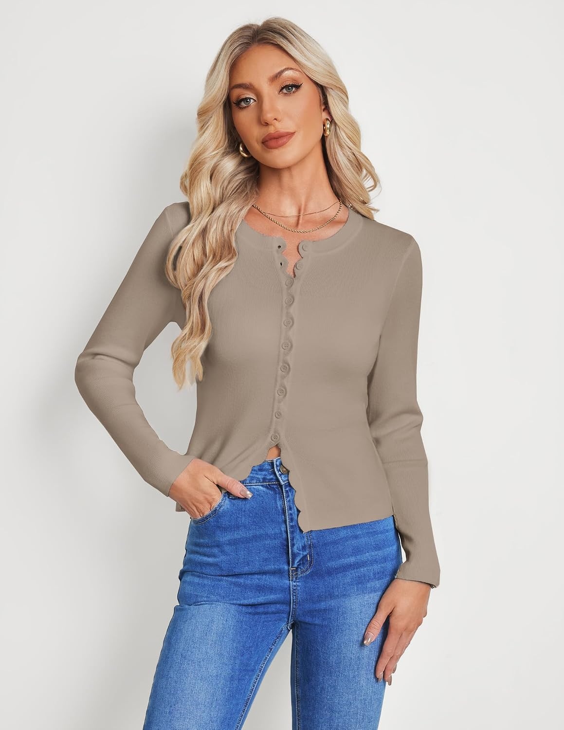 image:imageGRACE KARIN Womens Cropped Cardigan Button up Scalloped Fall Outfits 2026Khaki