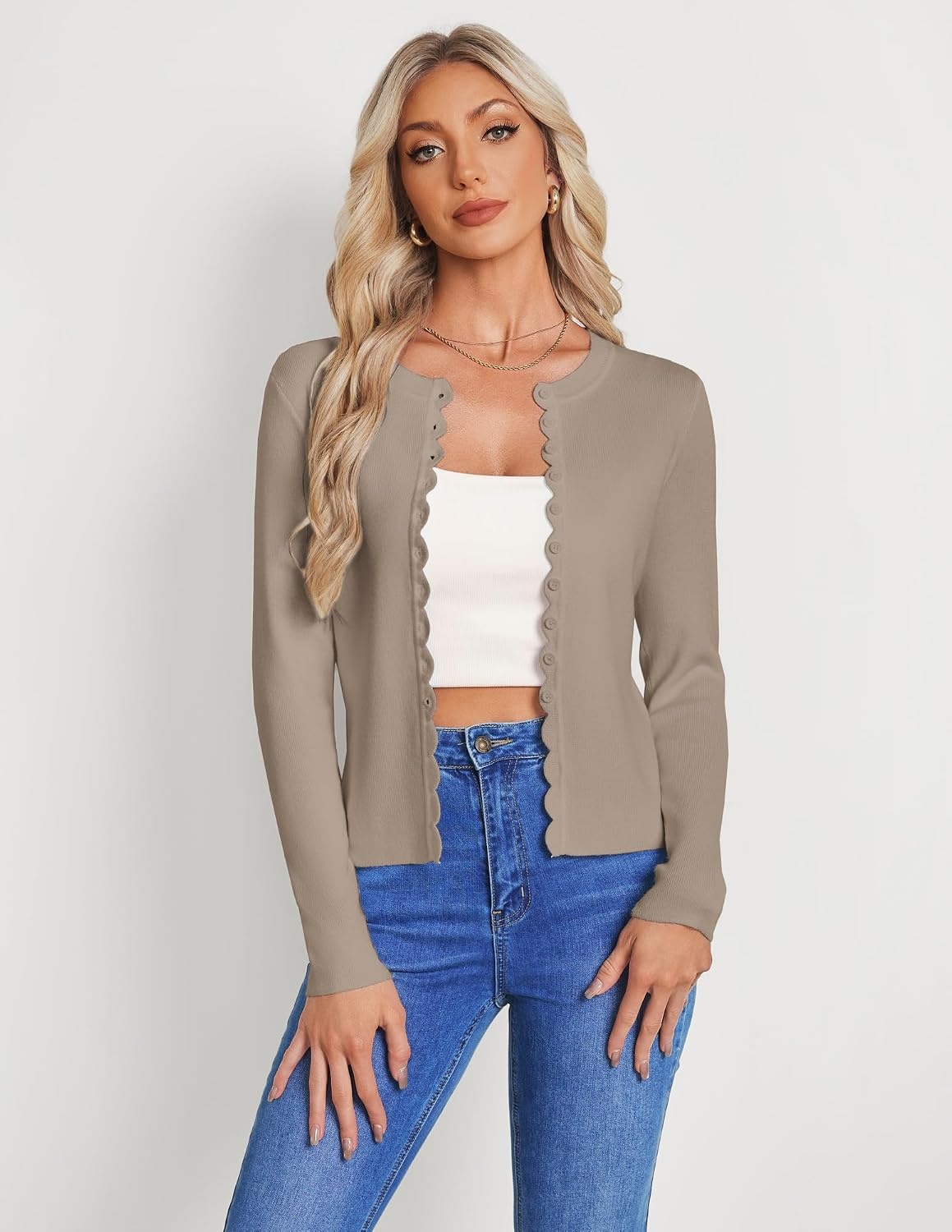 image:imageGRACE KARIN Womens Cropped Cardigan Button up Scalloped Fall Outfits 2026Khaki