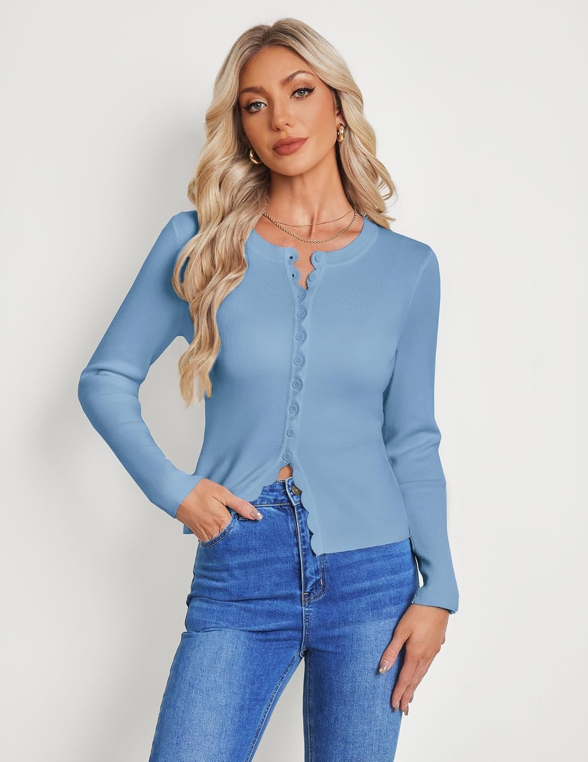 image:imageGRACE KARIN Womens Cropped Cardigan Button up Scalloped Fall Outfits 2026Light Blue