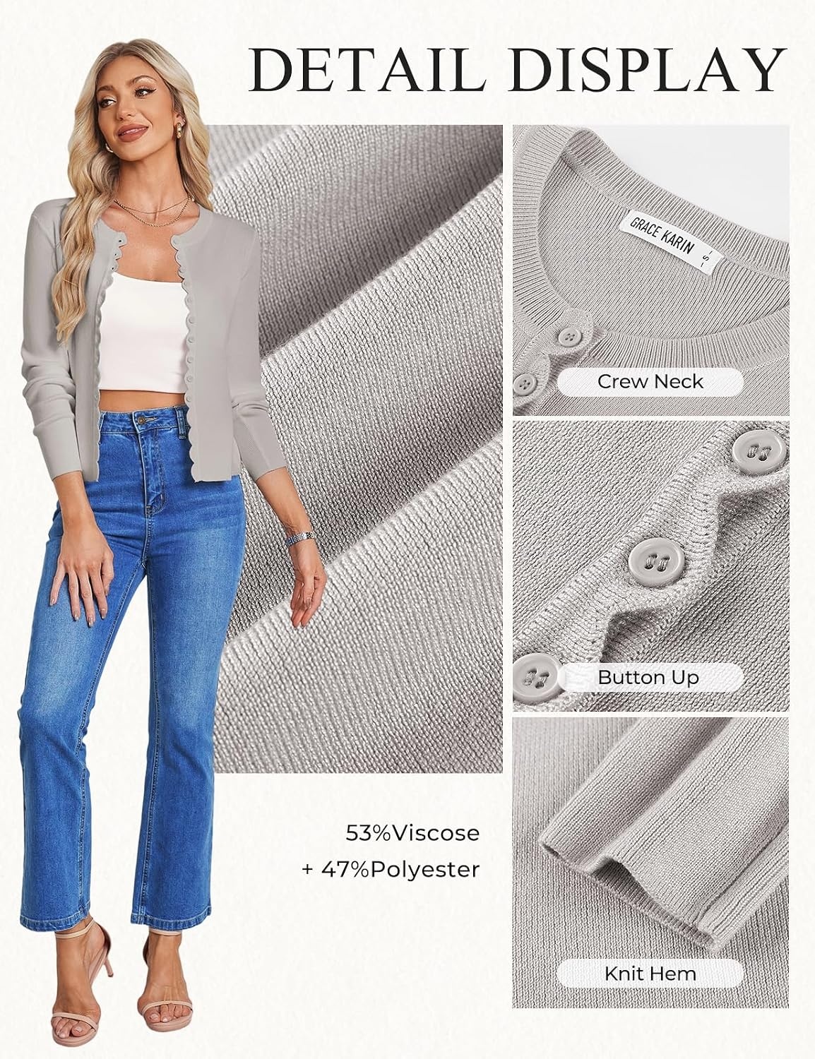 image:imageGRACE KARIN Womens Cropped Cardigan Button up Scalloped Fall Outfits 2026Light Grey