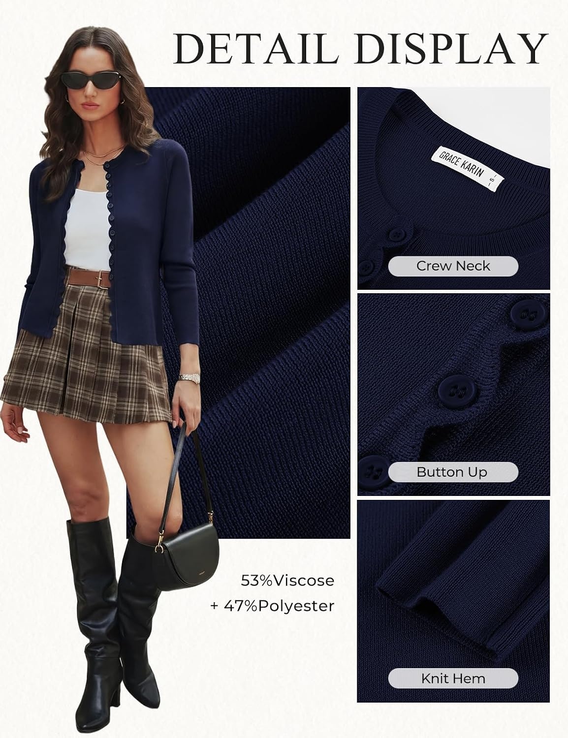 image:imageGRACE KARIN Womens Cropped Cardigan Button up Scalloped Fall Outfits 2026Navy Blue